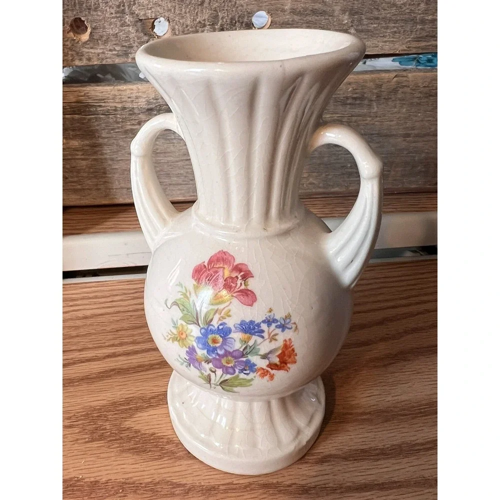 Vintage‎ Royal Copley Porcelain Vase with Vibrant Floral Design and Handles MCM